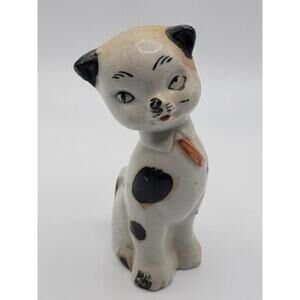 Vintage Japan Home Ceramic White Cat with Black Spots Figurine
